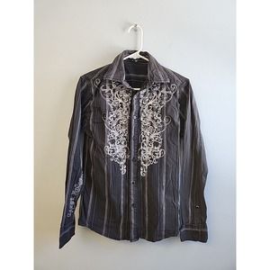 At Collins Mens Size S Black Embroidered Long Sleeve‎ Button Shirt